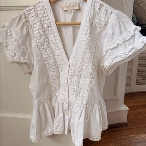 Love the Label White Cotton Lace-Trim Peplum Blouse